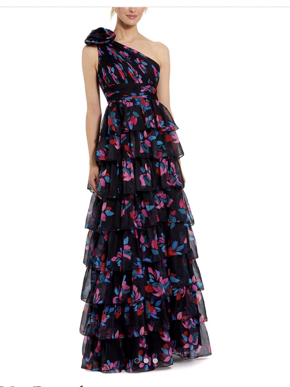 Mac Duggal Black One-Shoulder Floral Tiered Gown with Pink & Blue Accents